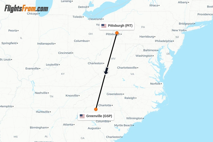 Flights from Pittsburgh to Greenville route map