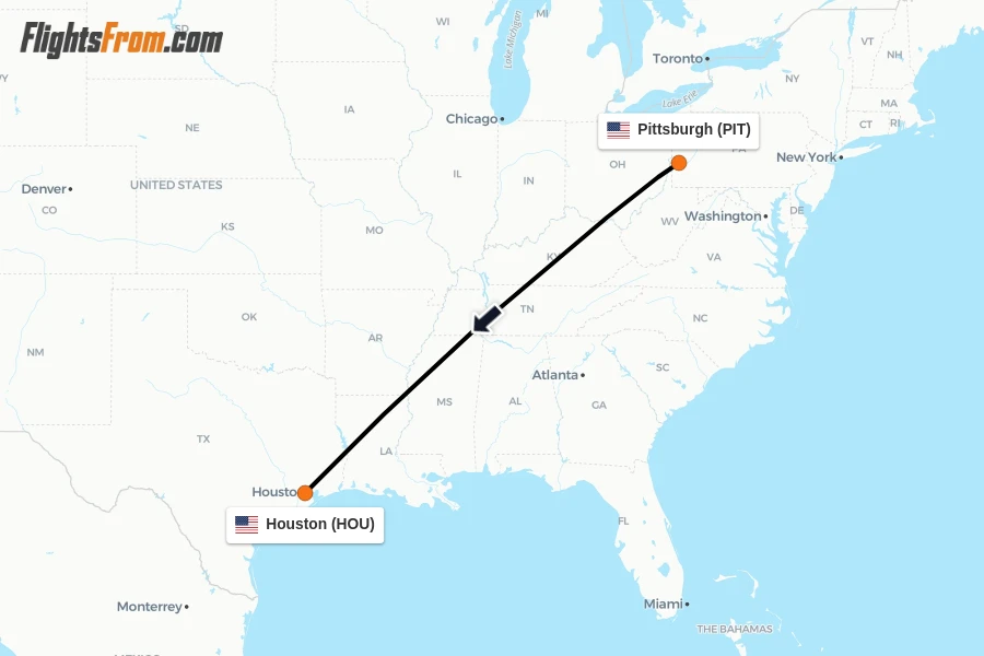 Flights from Pittsburgh to Houston route map