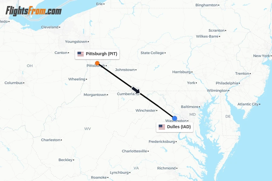 Flights from Pittsburgh to Dulles route map