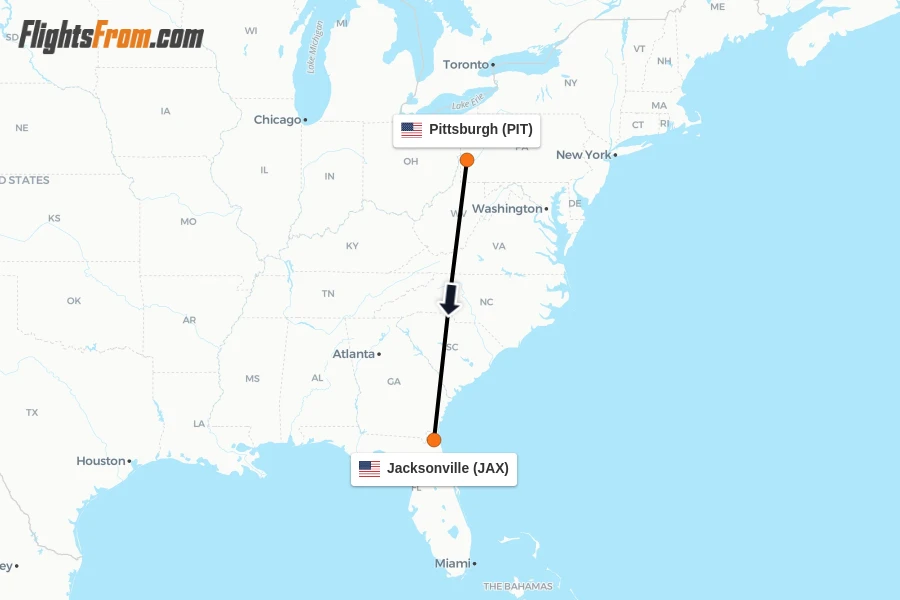 Flights from Pittsburgh to Jacksonville route map