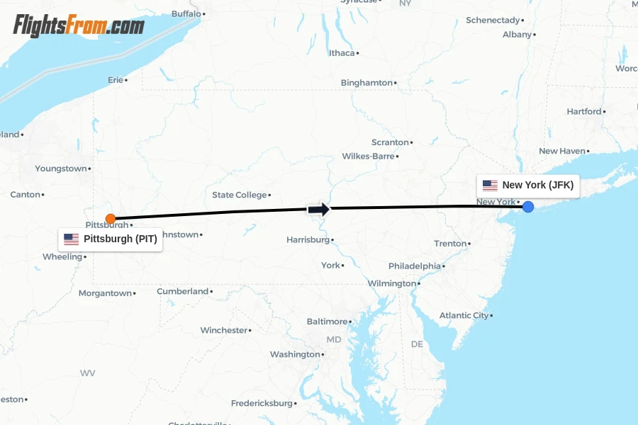 Flights from Pittsburgh to New York route map