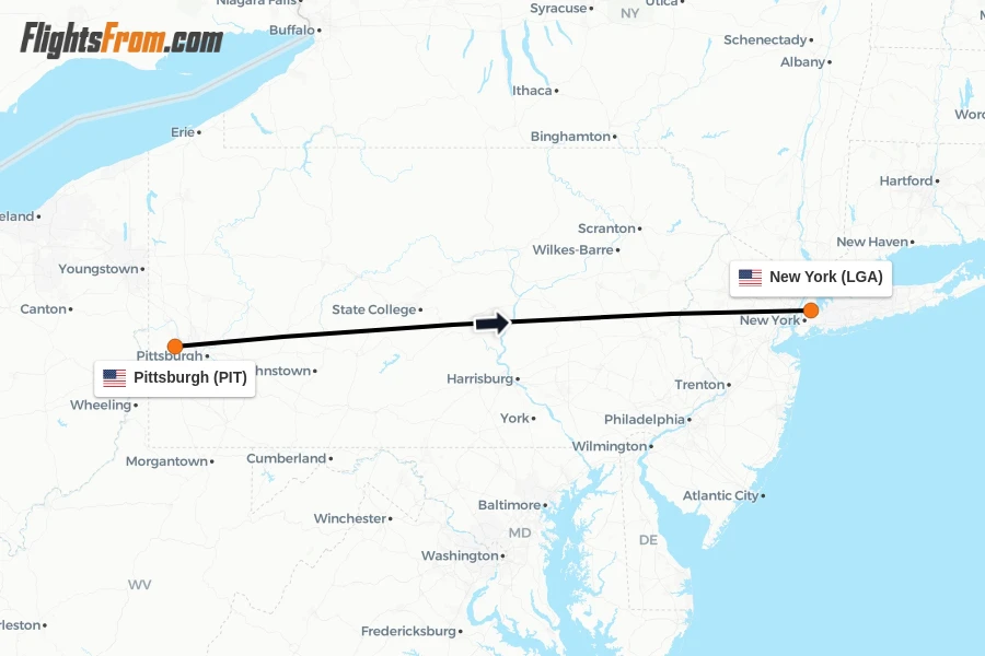 Flights from Pittsburgh to New York route map
