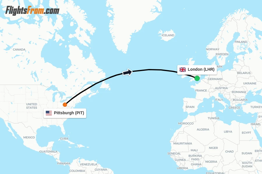 Flights from Pittsburgh to London route map