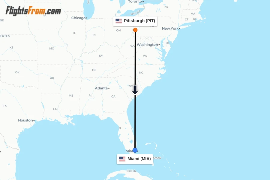 Flights from Pittsburgh to Miami route map