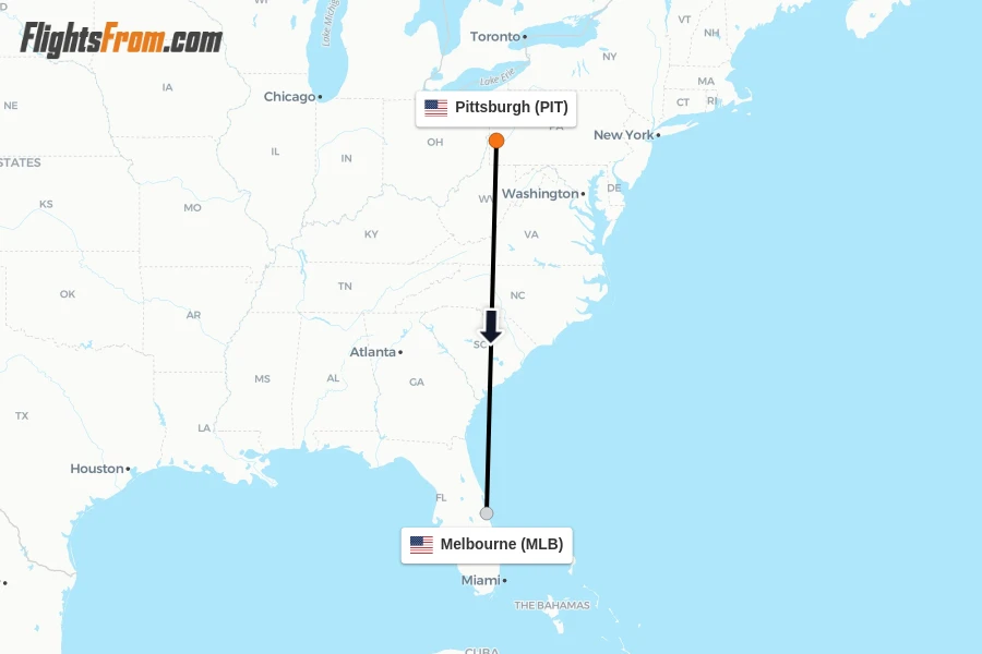 Flights from Pittsburgh to Melbourne route map