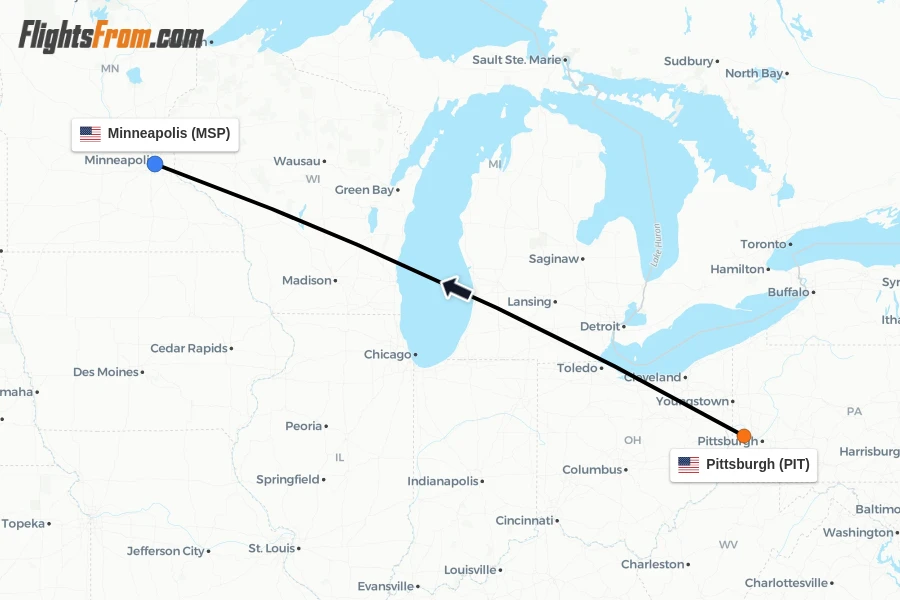 Flights from Pittsburgh to Minneapolis route map