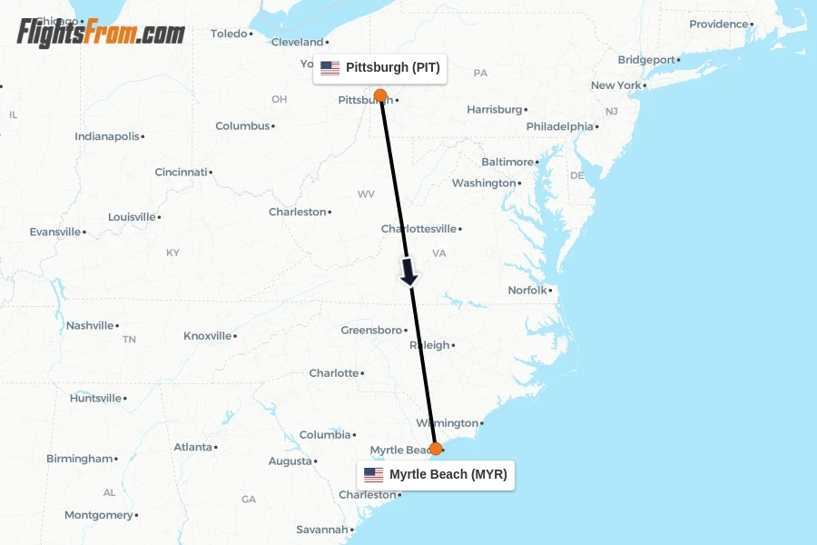 Flights from Pittsburgh to Myrtle Beach route map