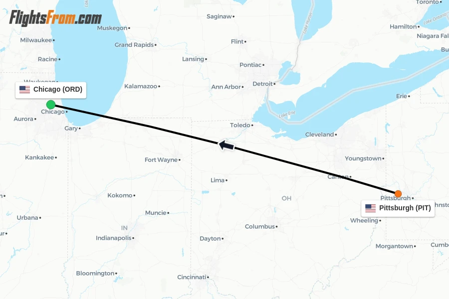Flights from Pittsburgh to Chicago route map