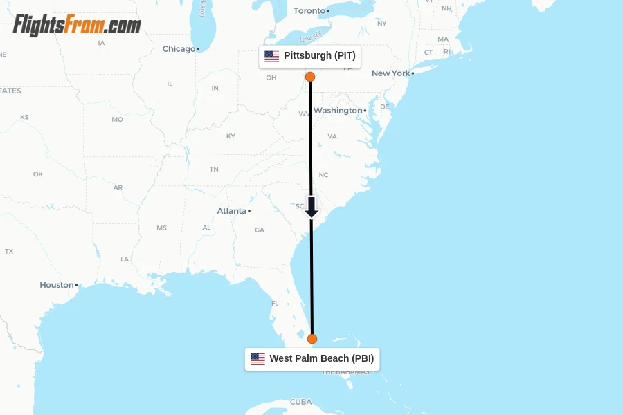 Flights from Pittsburgh to West Palm Beach route map