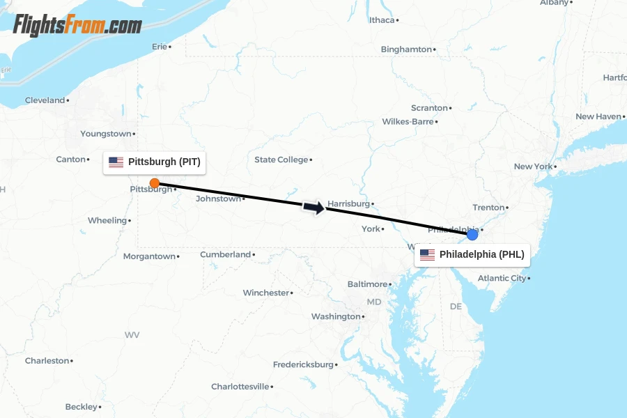 Flights from Pittsburgh to Philadelphia route map