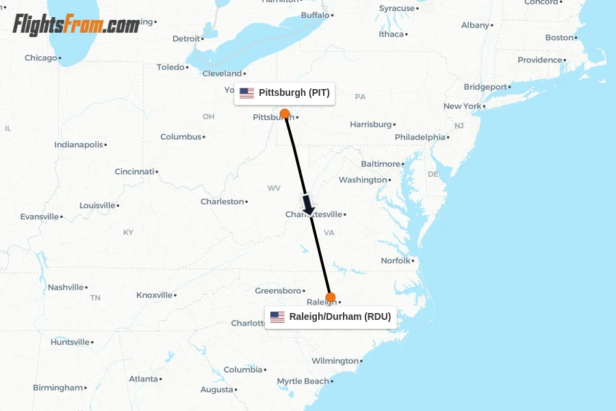 Flights from Pittsburgh to Raleigh/Durham route map