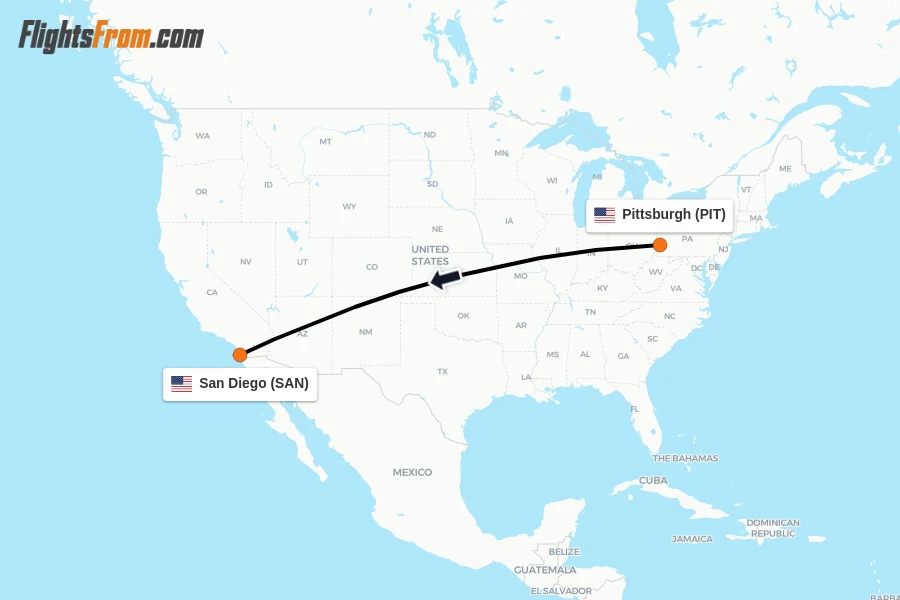Flights from Pittsburgh to San Diego route map