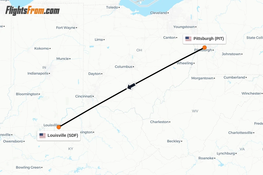Flights from Pittsburgh to Louisville route map