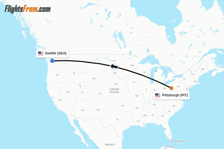 Flights from Pittsburgh to Seattle route map