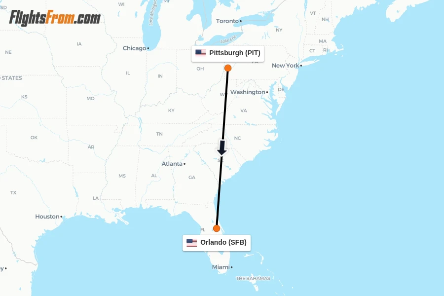 Flights from Pittsburgh to Orlando route map