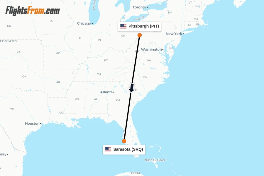 Flights from Pittsburgh to Sarasota route map