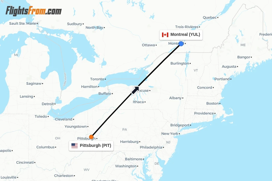 Flights from Pittsburgh to Montreal route map