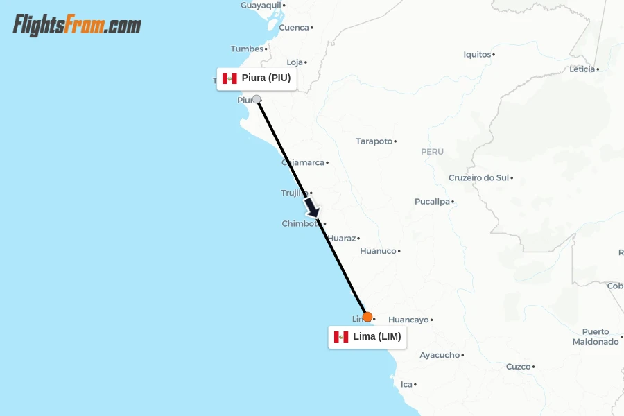 Flights from Piura to Lima route map