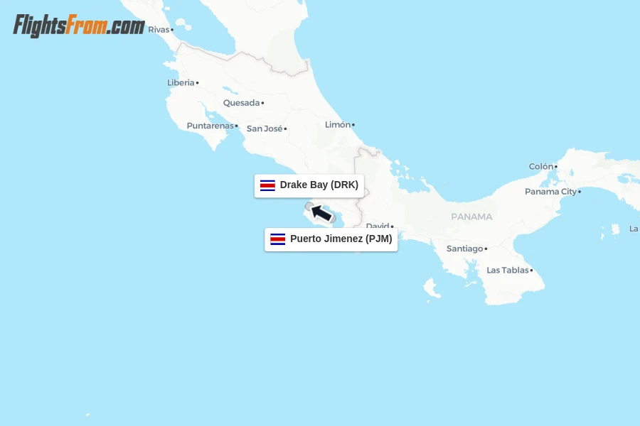 Flights from Puerto Jimenez to Drake Bay route map