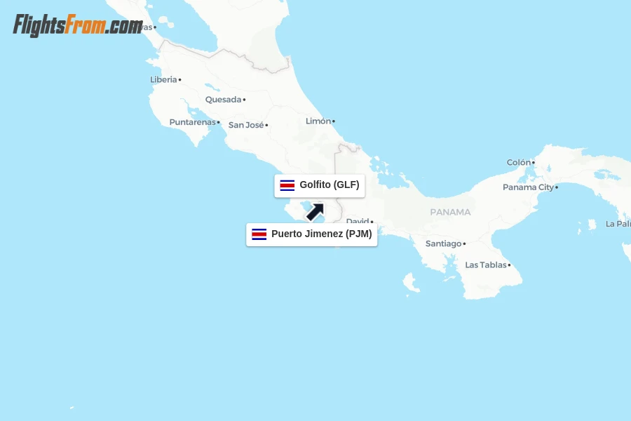 Flights from Puerto Jimenez to Golfito route map