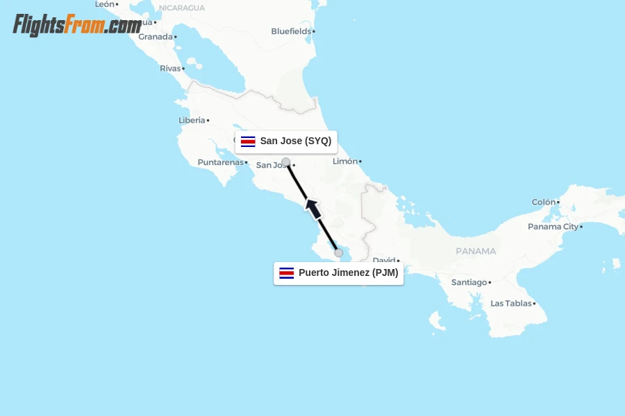 Flights from Puerto Jimenez to San Jose route map