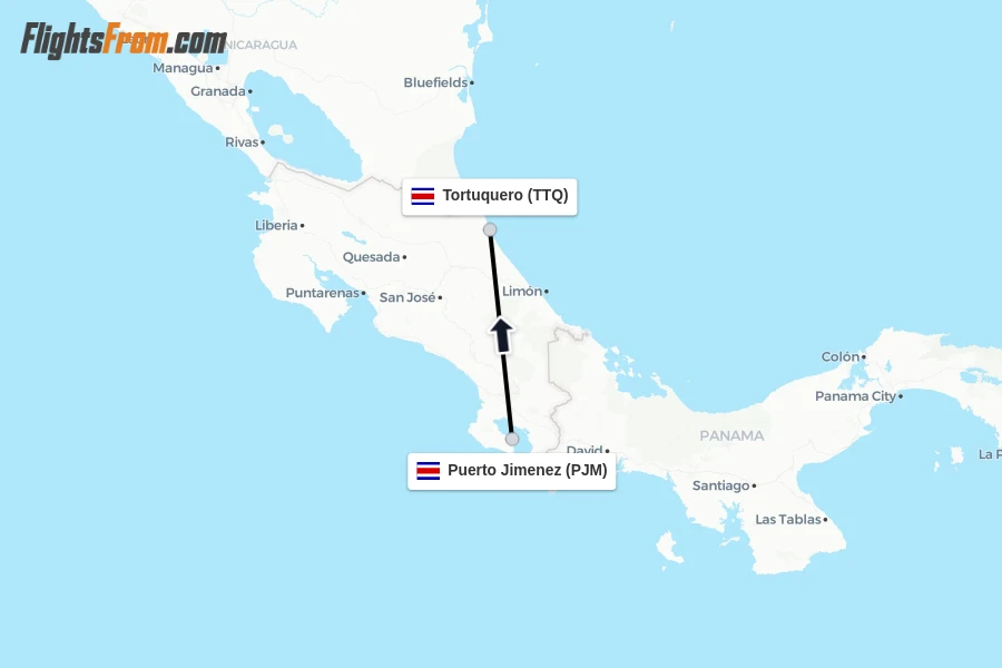 Flights from Puerto Jimenez to Tortuquero route map