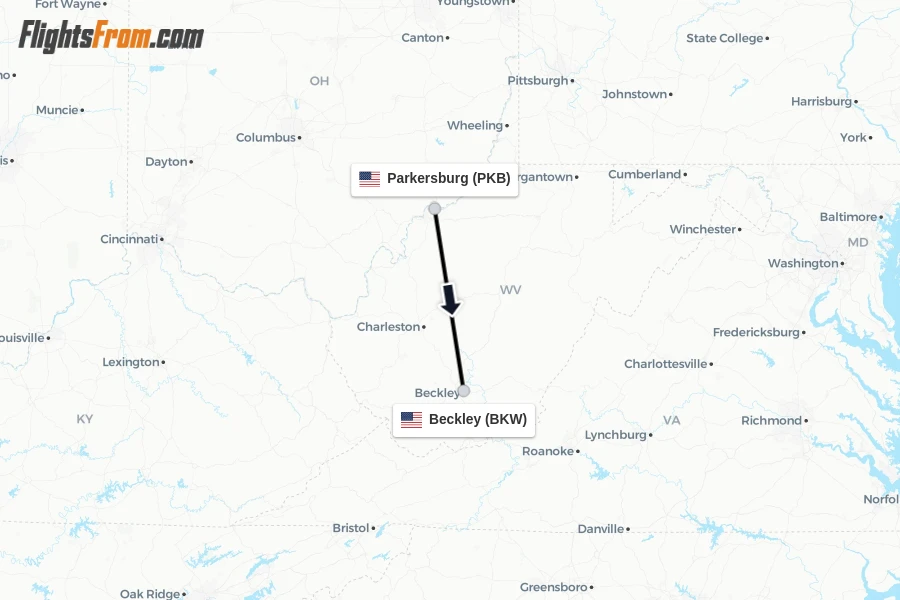 Flights from Parkersburg to Beckley route map