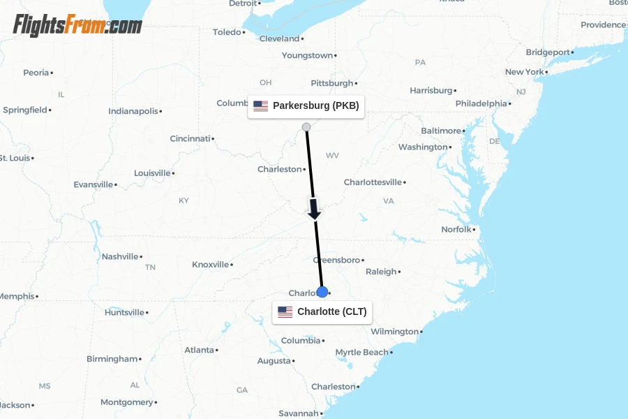 Flights from Parkersburg to Charlotte route map