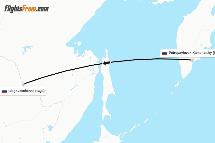 Flights from Petropavlovsk-Kamchatsky to Blagoveschensk route map