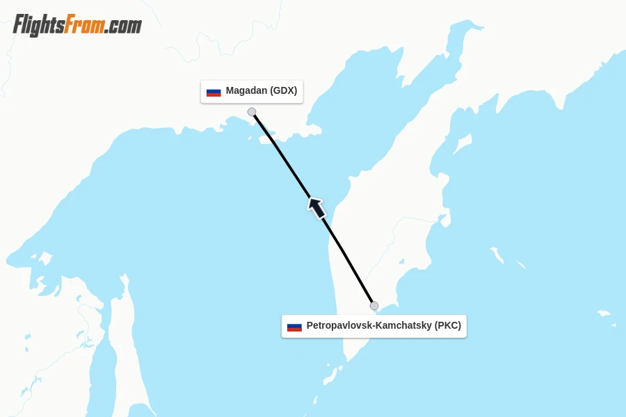 Flights from Petropavlovsk-Kamchatsky to Magadan route map