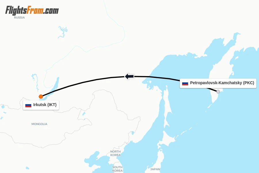Flights from Petropavlovsk-Kamchatsky to Irkutsk route map