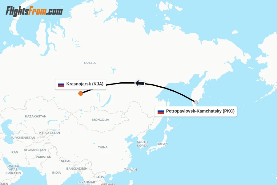 Flights from Petropavlovsk-Kamchatsky to Krasnojarsk route map