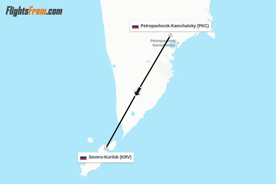 Flights from Petropavlovsk-Kamchatsky to Severo-Kurilsk route map
