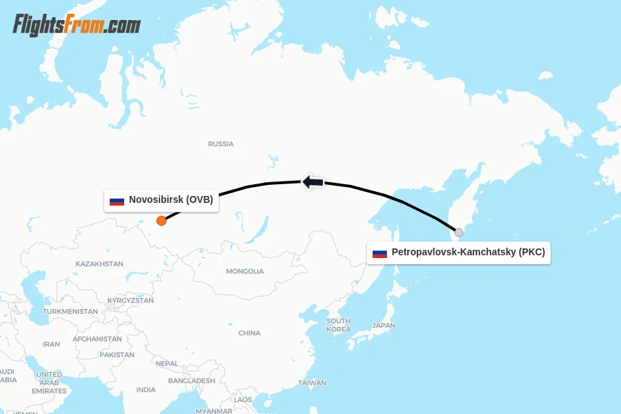 Flights from Petropavlovsk-Kamchatsky to Novosibirsk route map