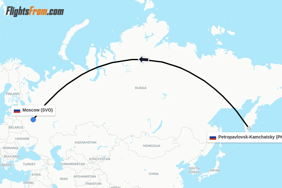 Flights from Petropavlovsk-Kamchatsky to Moscow route map