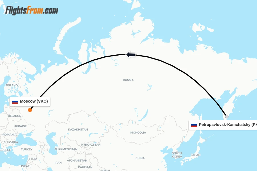 Flights from Petropavlovsk-Kamchatsky to Moscow route map