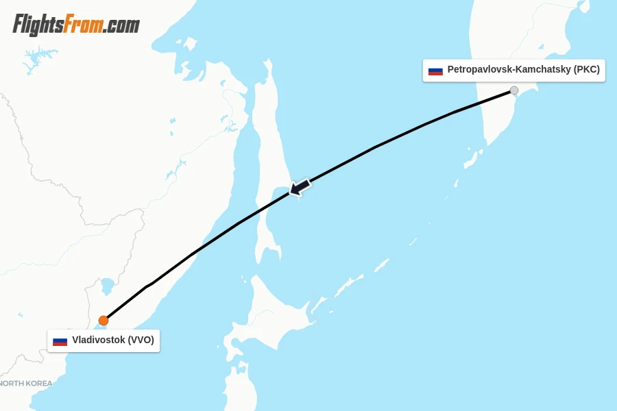 Flights from Petropavlovsk-Kamchatsky to Vladivostok route map