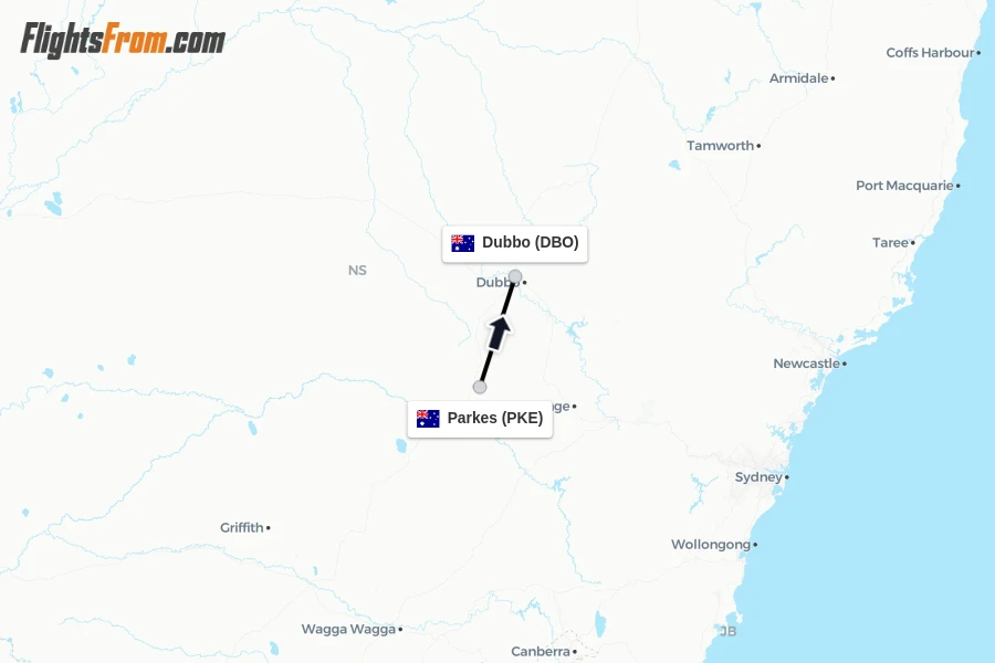 Flights from Parkes to Dubbo route map