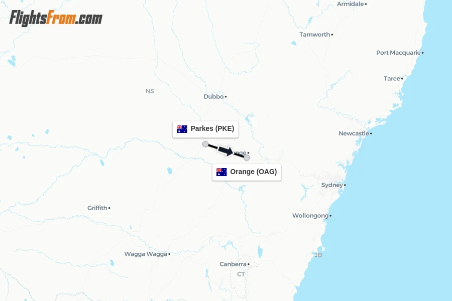 Flights from Parkes to Orange route map