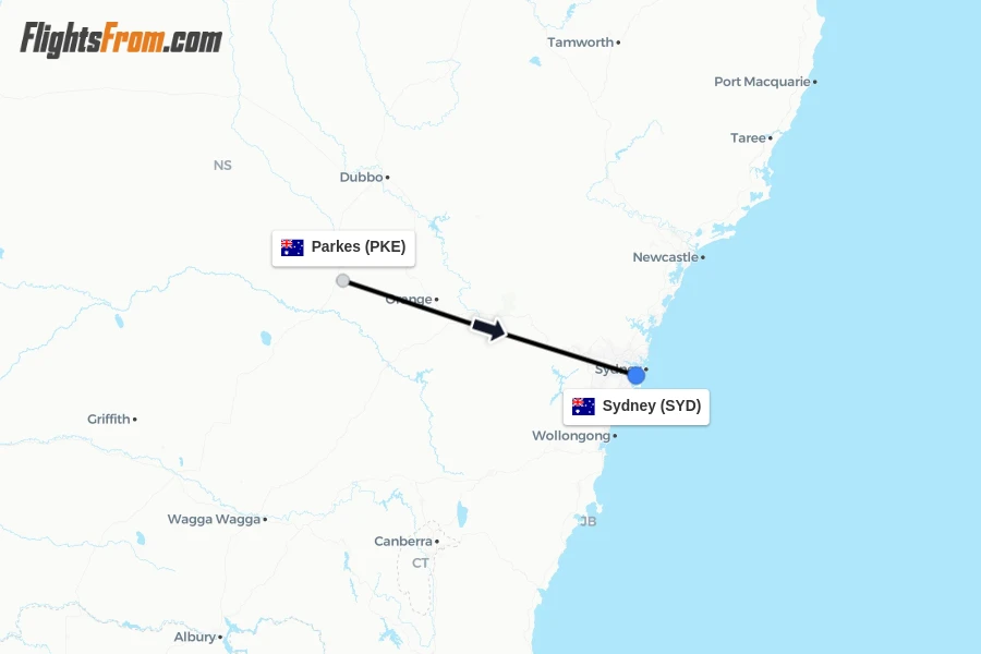 Flights from Parkes to Sydney route map