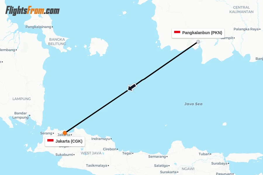 Flights from Pangkalanbun to Jakarta route map