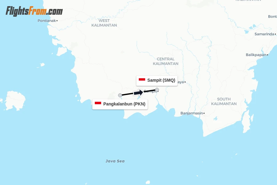 Flights from Pangkalanbun to Sampit route map