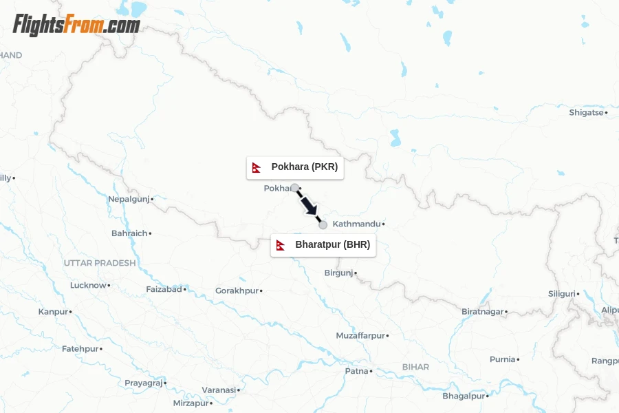 Flights from Pokhara to Bharatpur route map