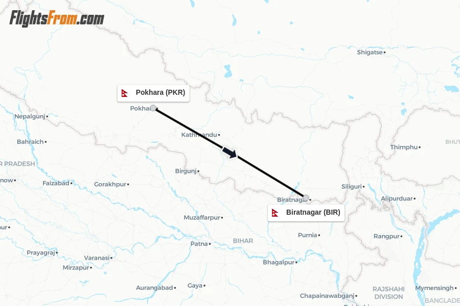 Flights from Pokhara to Biratnagar route map