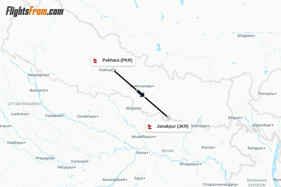 Flights from Pokhara to Janakpur route map