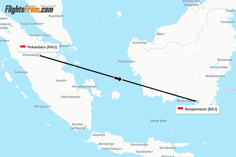 Flights from Pekanbaru to Banjarmasin route map