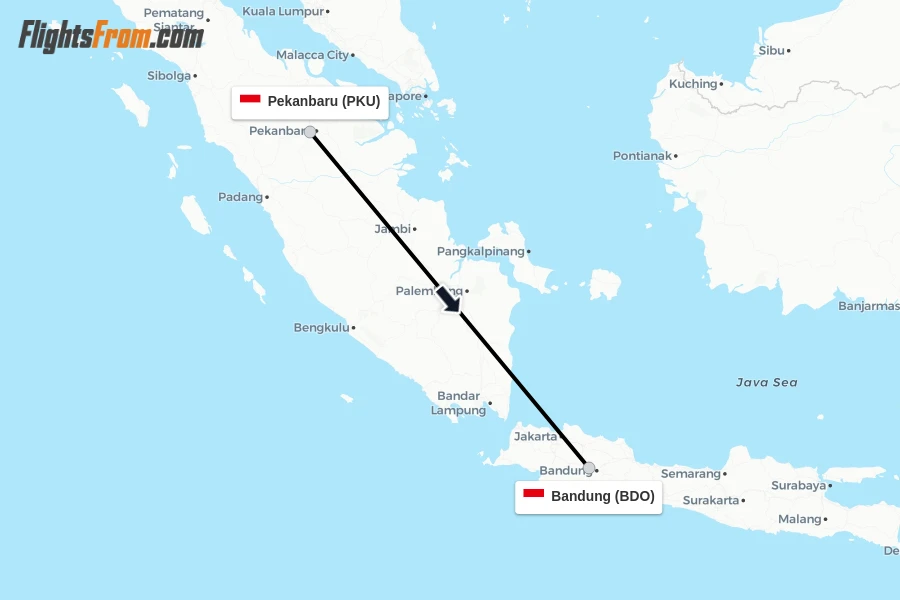 Flights from Pekanbaru to Bandung route map