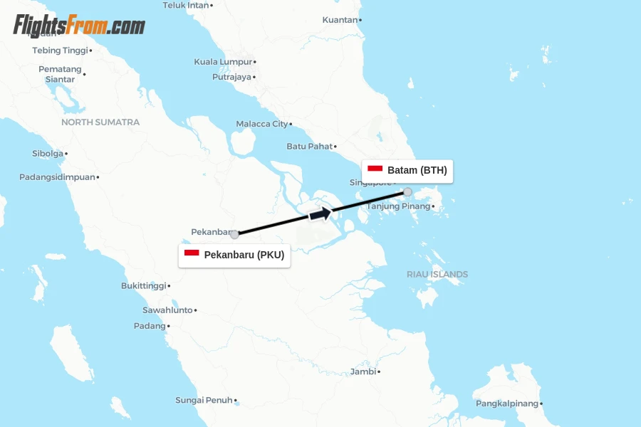 Flights from Pekanbaru to Batam route map