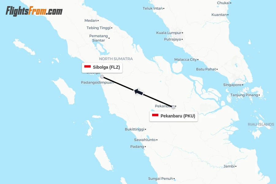 Flights from Pekanbaru to Sibolga route map