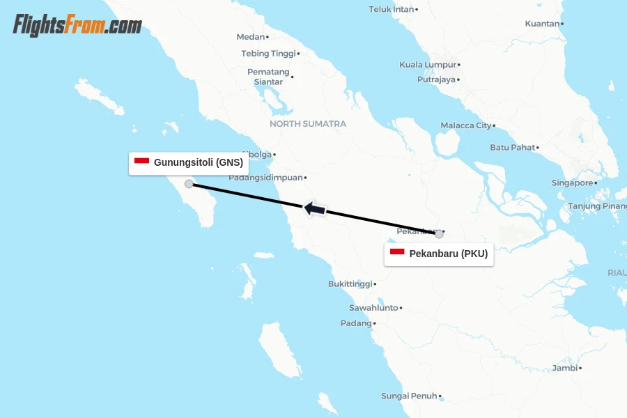 Flights from Pekanbaru to Gunungsitoli route map